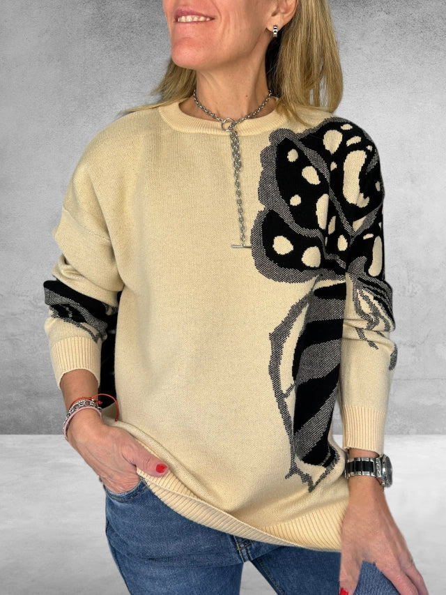 Women's Round Neck Printed Pullover Sweater apricot and black