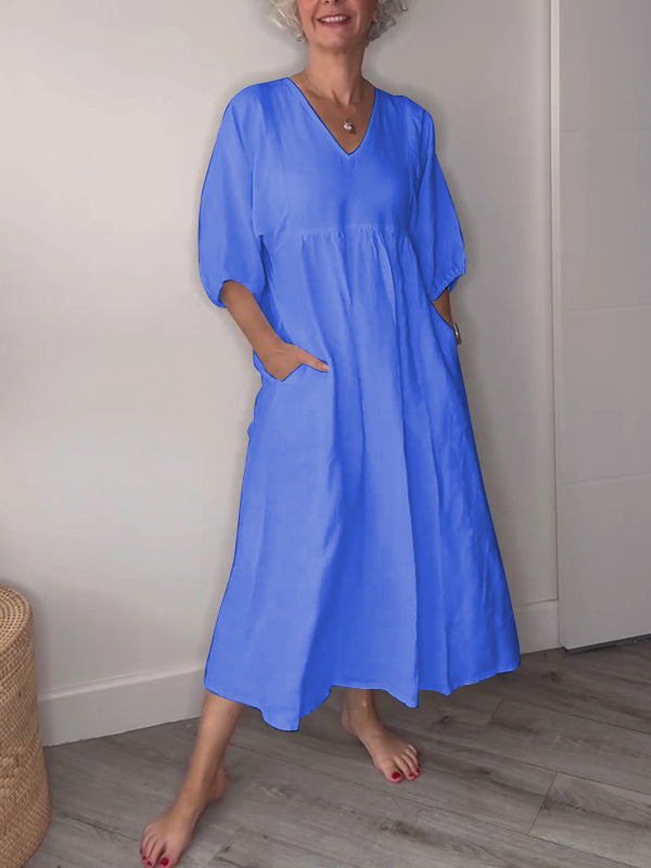 Women's V-neck Solid Color Mid-length Sleeve Dress blue