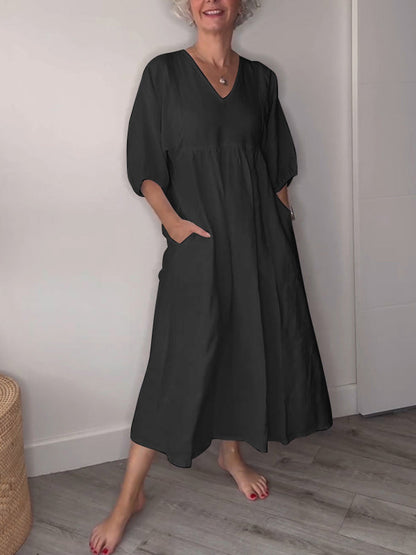 Women's V-neck Solid Color Mid-length Sleeve Dress black