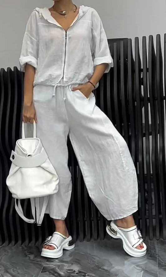 Women's Comfortable Top And Pants Two-Piece Set White