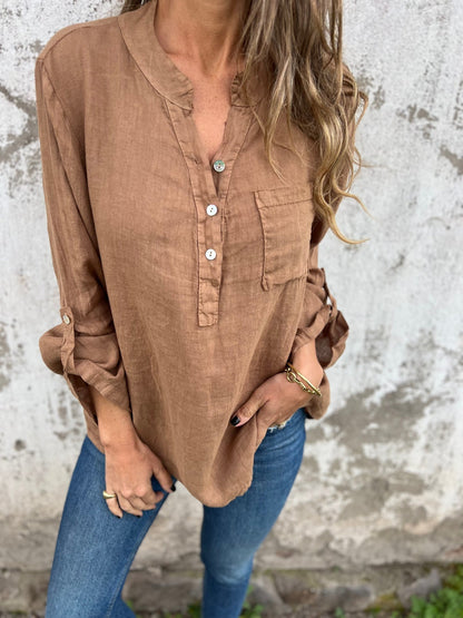 Women's Cotton and Linen V-neck Long-sleeved Casual Top brown