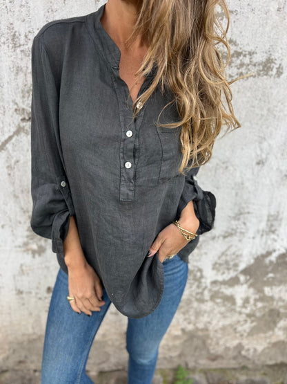 Women's Cotton and Linen V-neck Long-sleeved Casual Top black