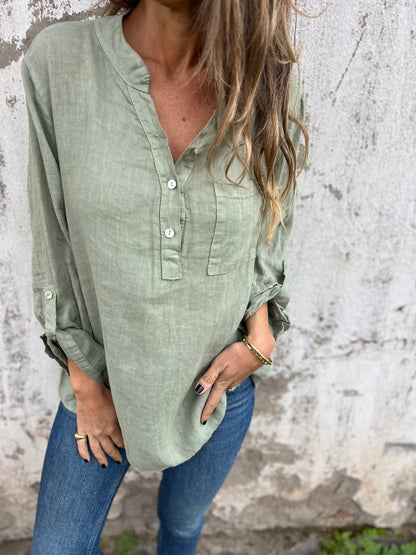 Women's Cotton and Linen V-neck Long-sleeved Casual Top green