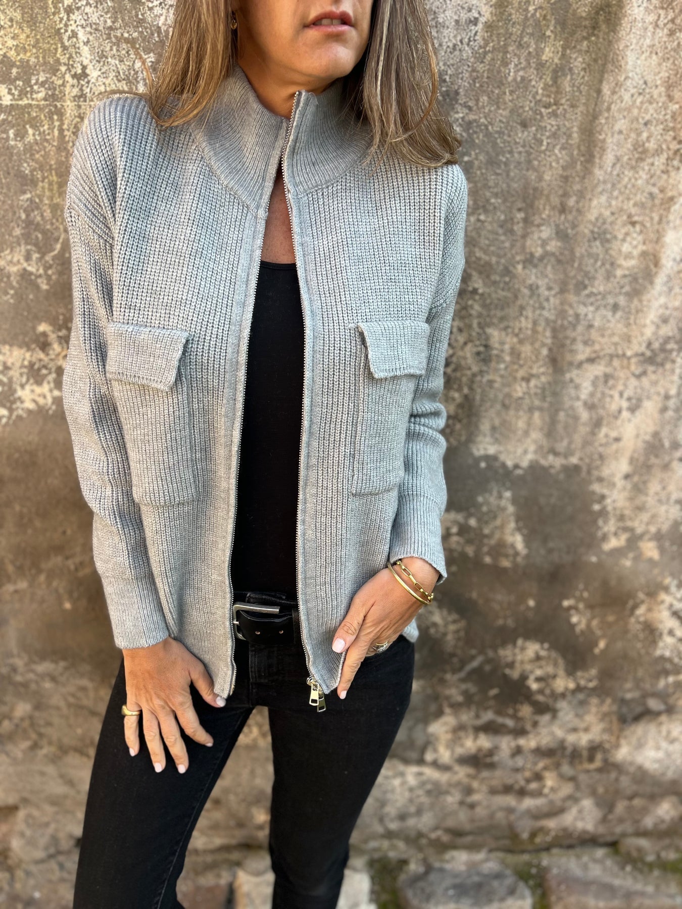 Women's Stand Collar Knitted Casual Tops Jacket grey