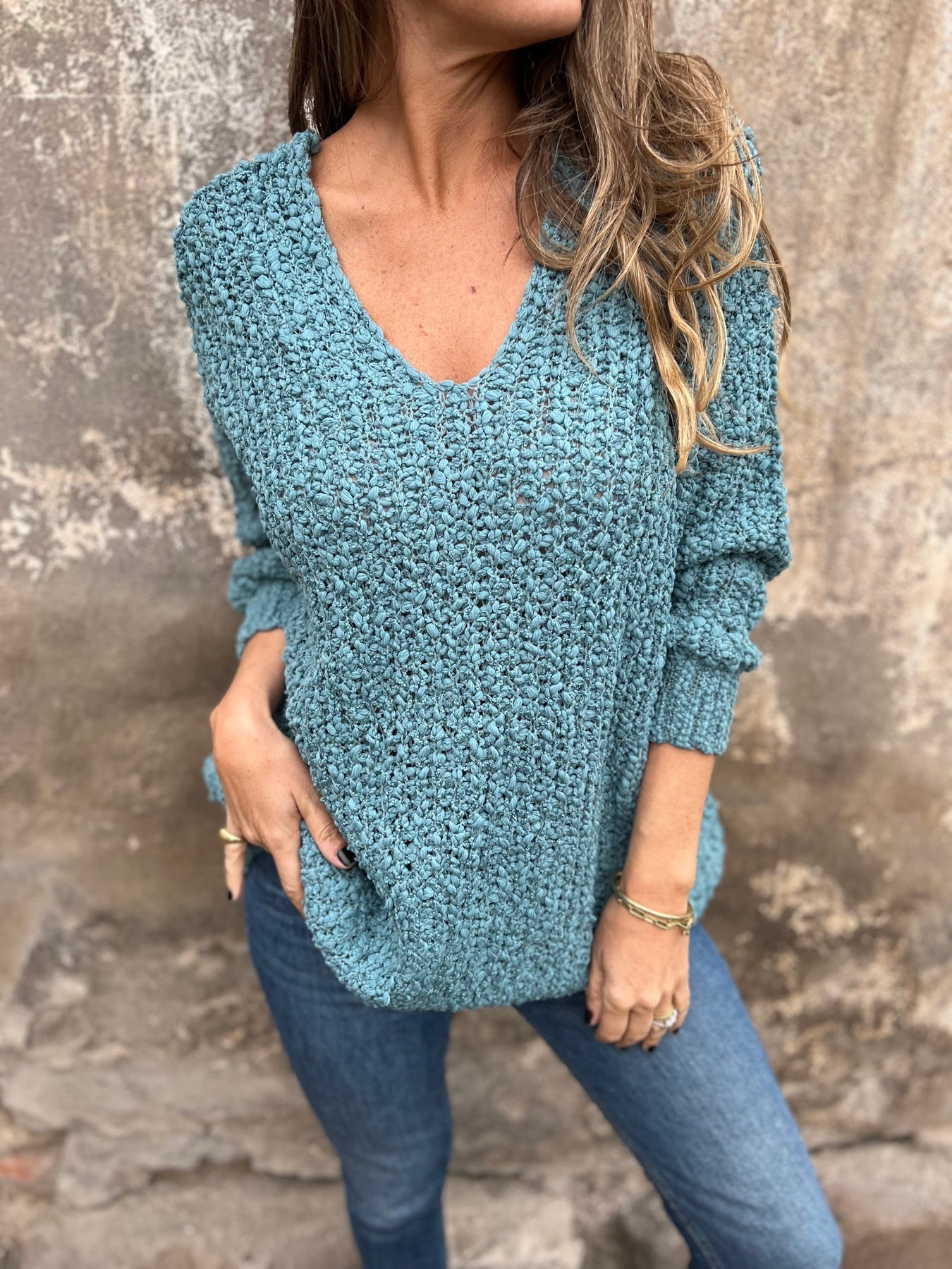 Women's Knitted Long Sleeve Casual Sweater Top blue