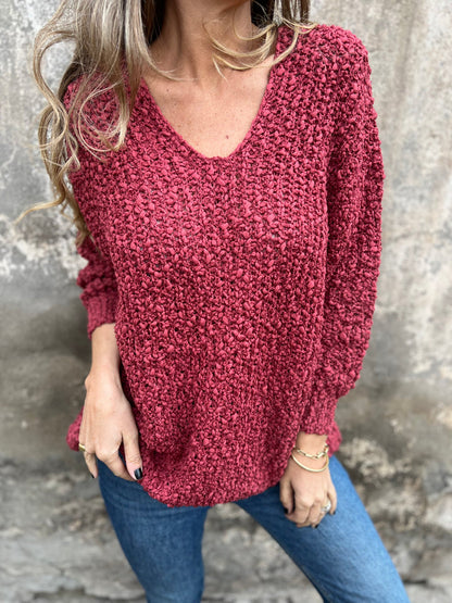 Women's Knitted Long Sleeve Casual Sweater Top red