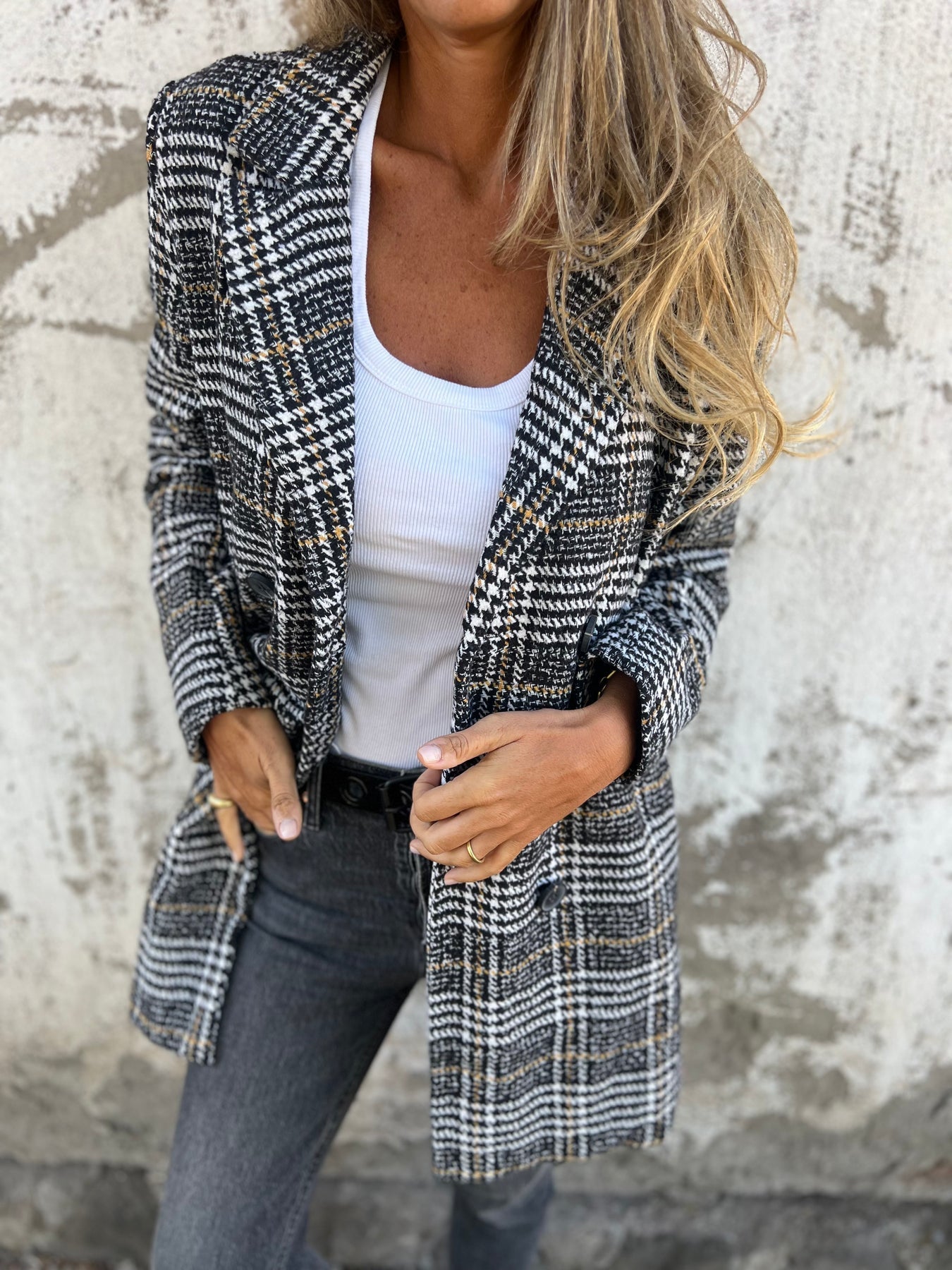 Women's Lapel Long Sleeve Plaid Coat grey