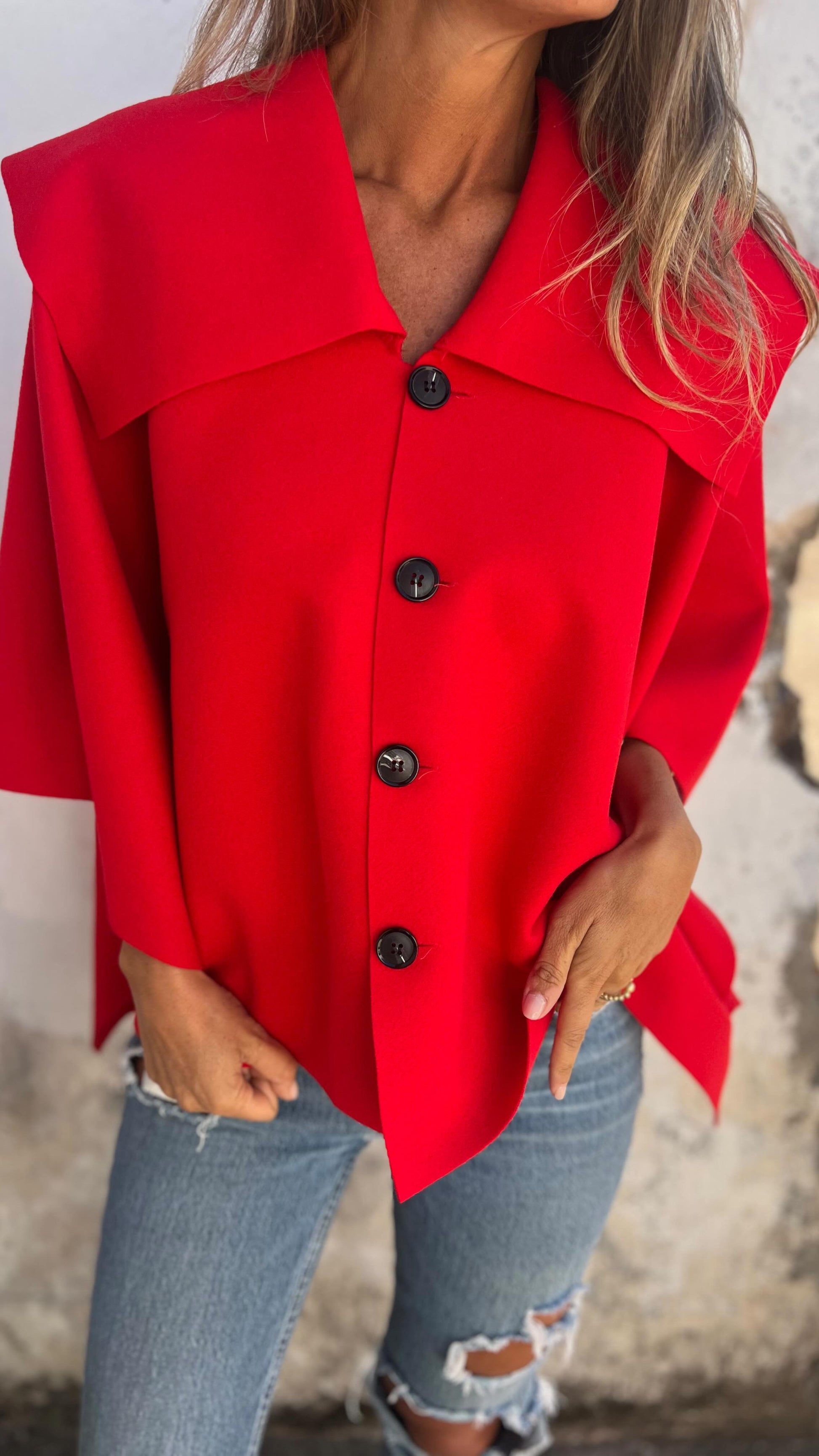 Women's Autumn and Winter Solid Color Loose Cape Coat red