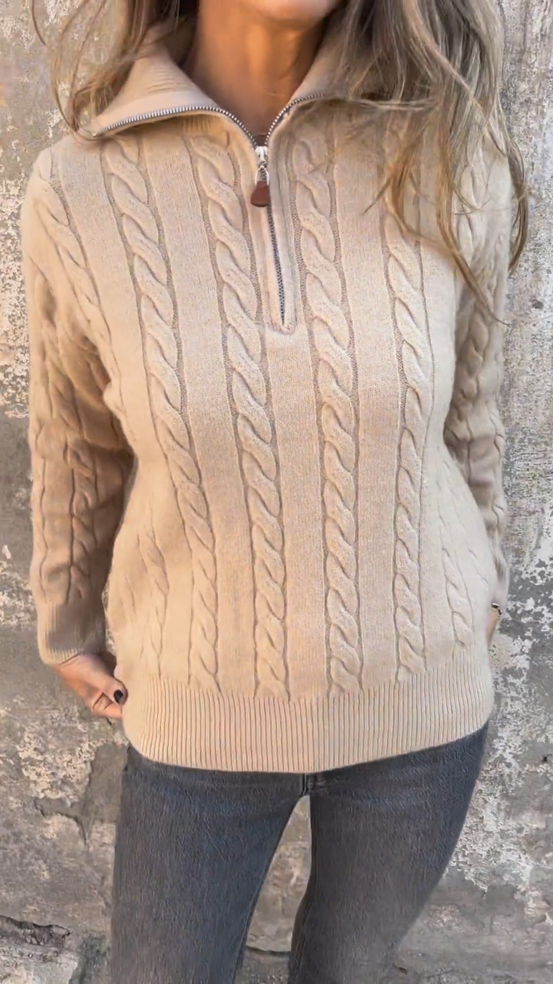 Ladies Half Zipper Lapel Long Sleeve Autumn Knitted Casual Top apricot