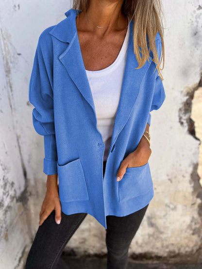 Women's Autumn and Winter Lapel Long-sleeved Casual Jacket blue