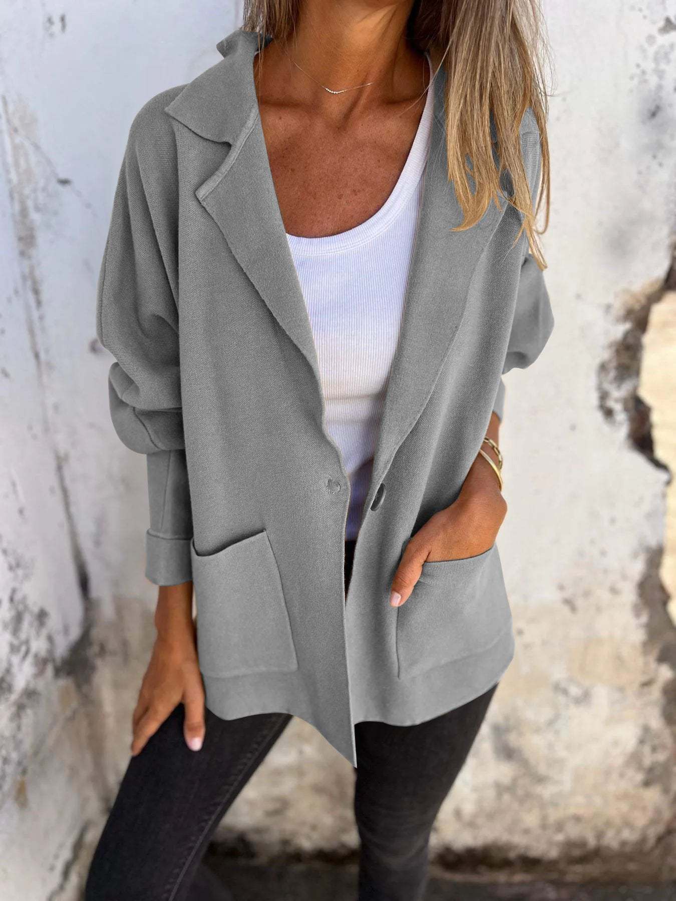 Women's Autumn and Winter Lapel Long-sleeved Casual Jacket gray