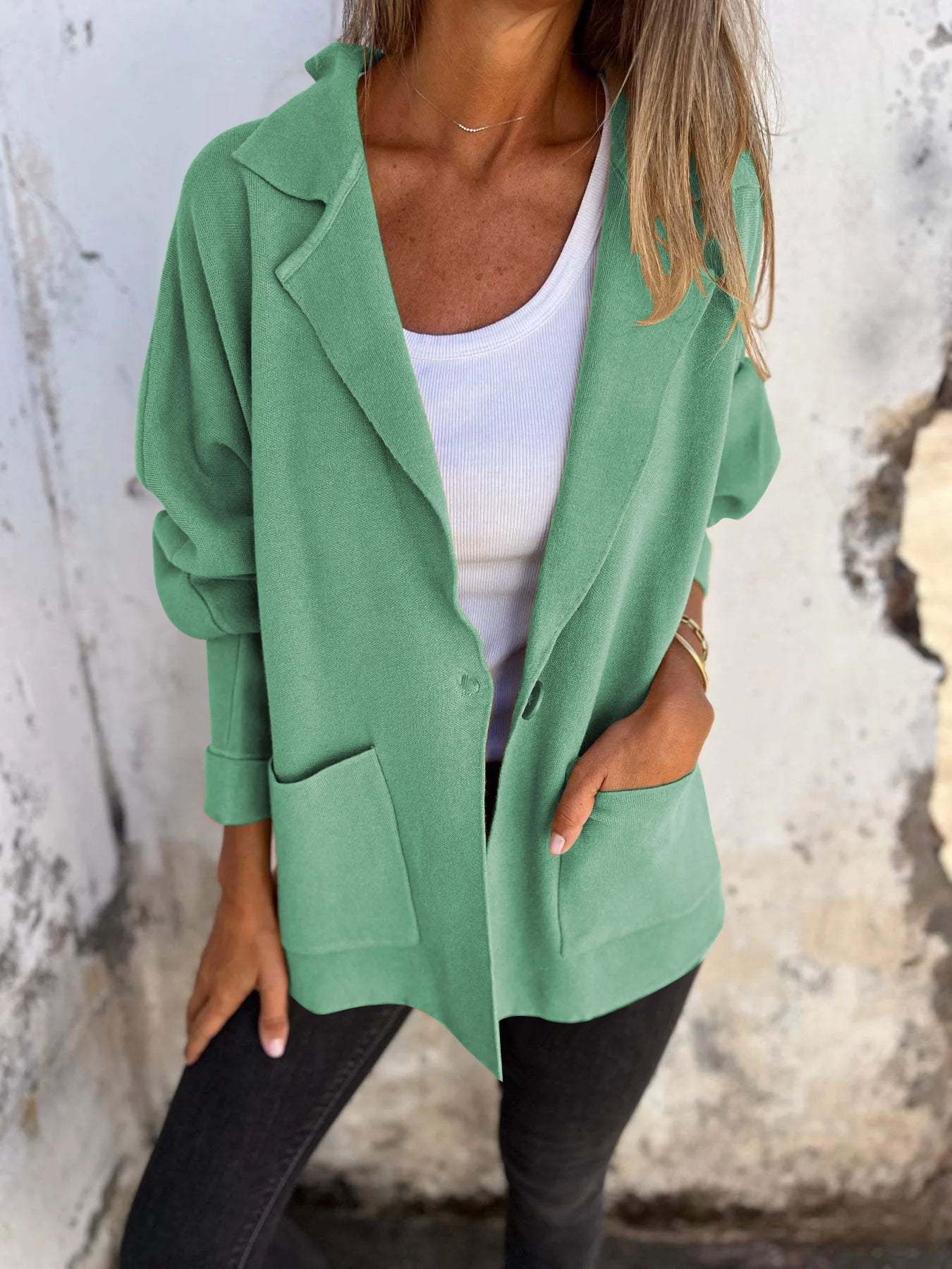 Women's Autumn and Winter Lapel Long-sleeved Casual Jacket green