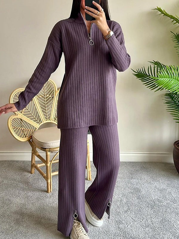 Women's Half-zip Long-sleeved Ribbed Casual Suit purple-gray