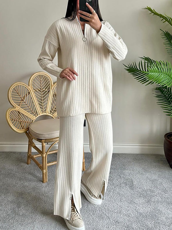 Women's Half-zip Long-sleeved Ribbed Casual Suit white