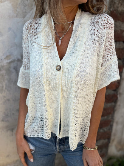 Women's V-neck Mid-sleeve Hollow Cardigan Top white