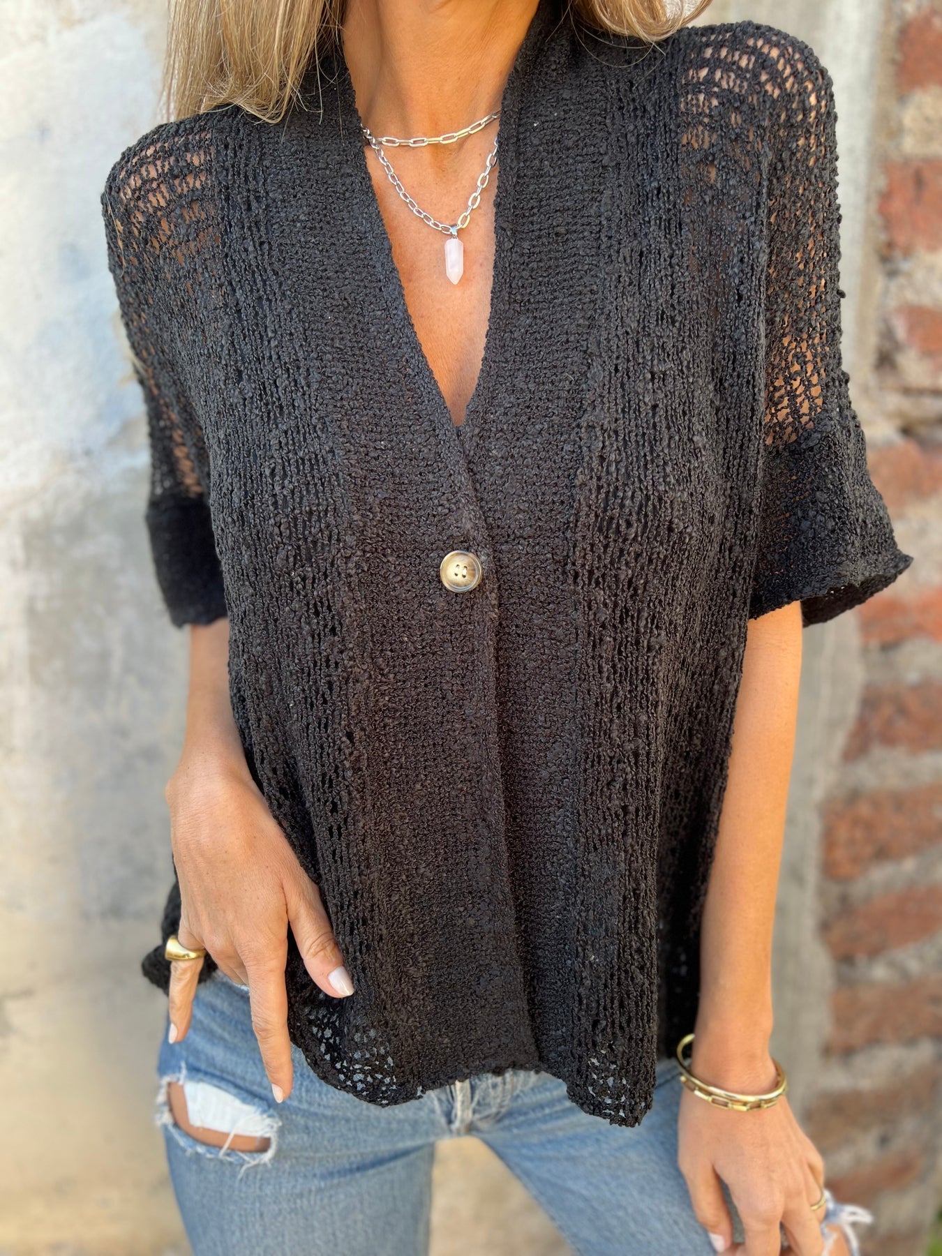 Women's V-neck Mid-sleeve Hollow Cardigan Top