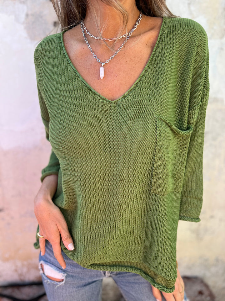 Women's V-neck Long-sleeved Knitted Casual Top green