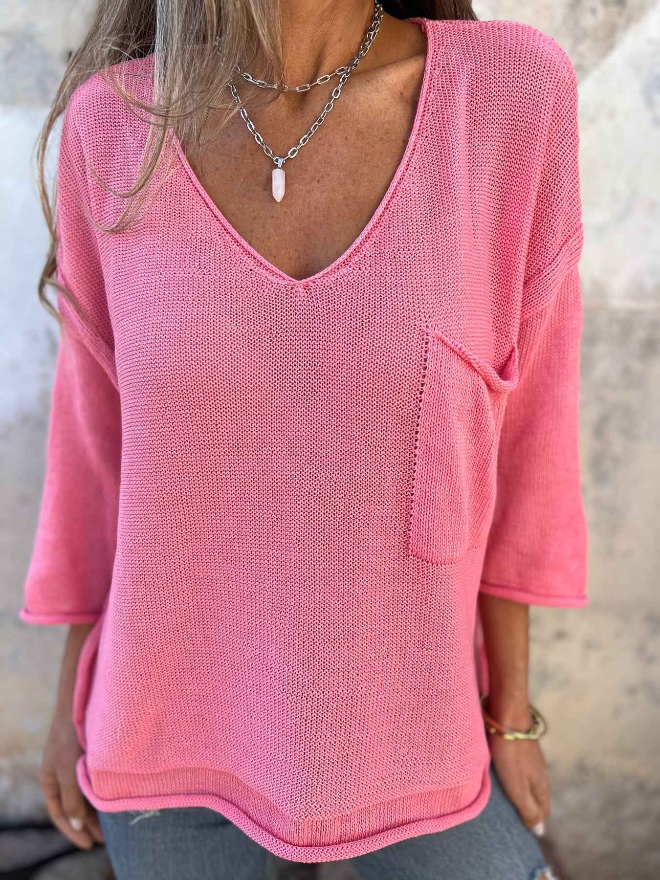 Women's V-neck Long-sleeved Knitted Casual Top pink