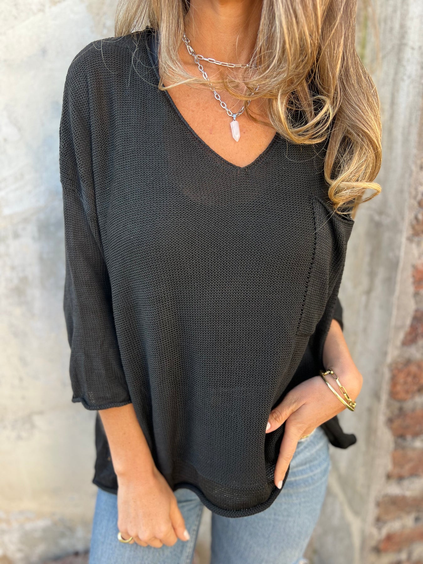 Women's V-neck Long-sleeved Knitted Casual Top black