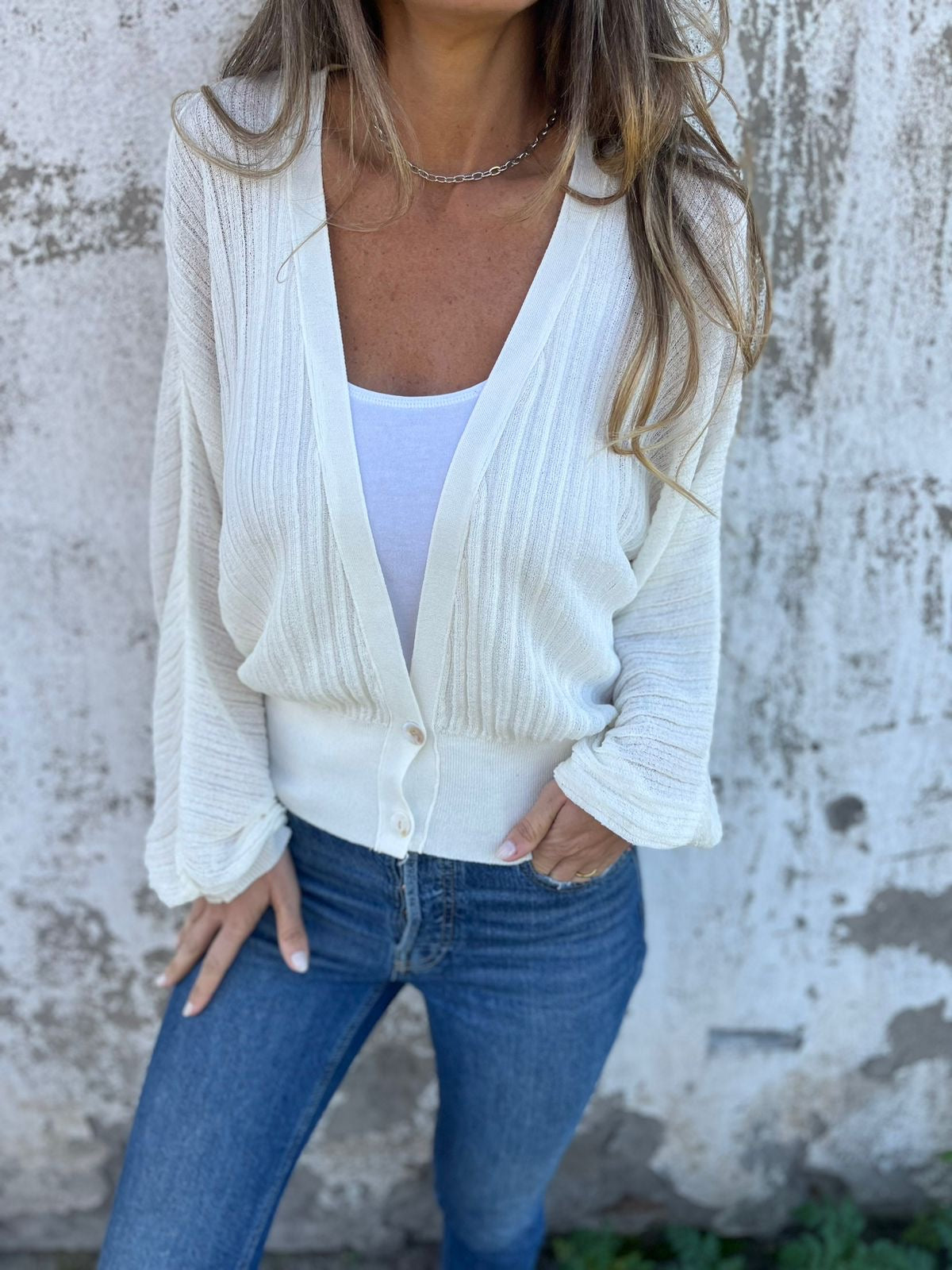 Women's V-neck Long-sleeved Casual Cardigan Top white