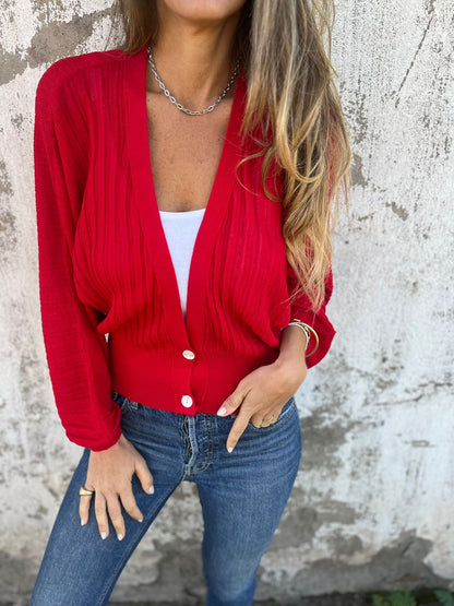 Women's V-neck Long-sleeved Casual Cardigan Top red