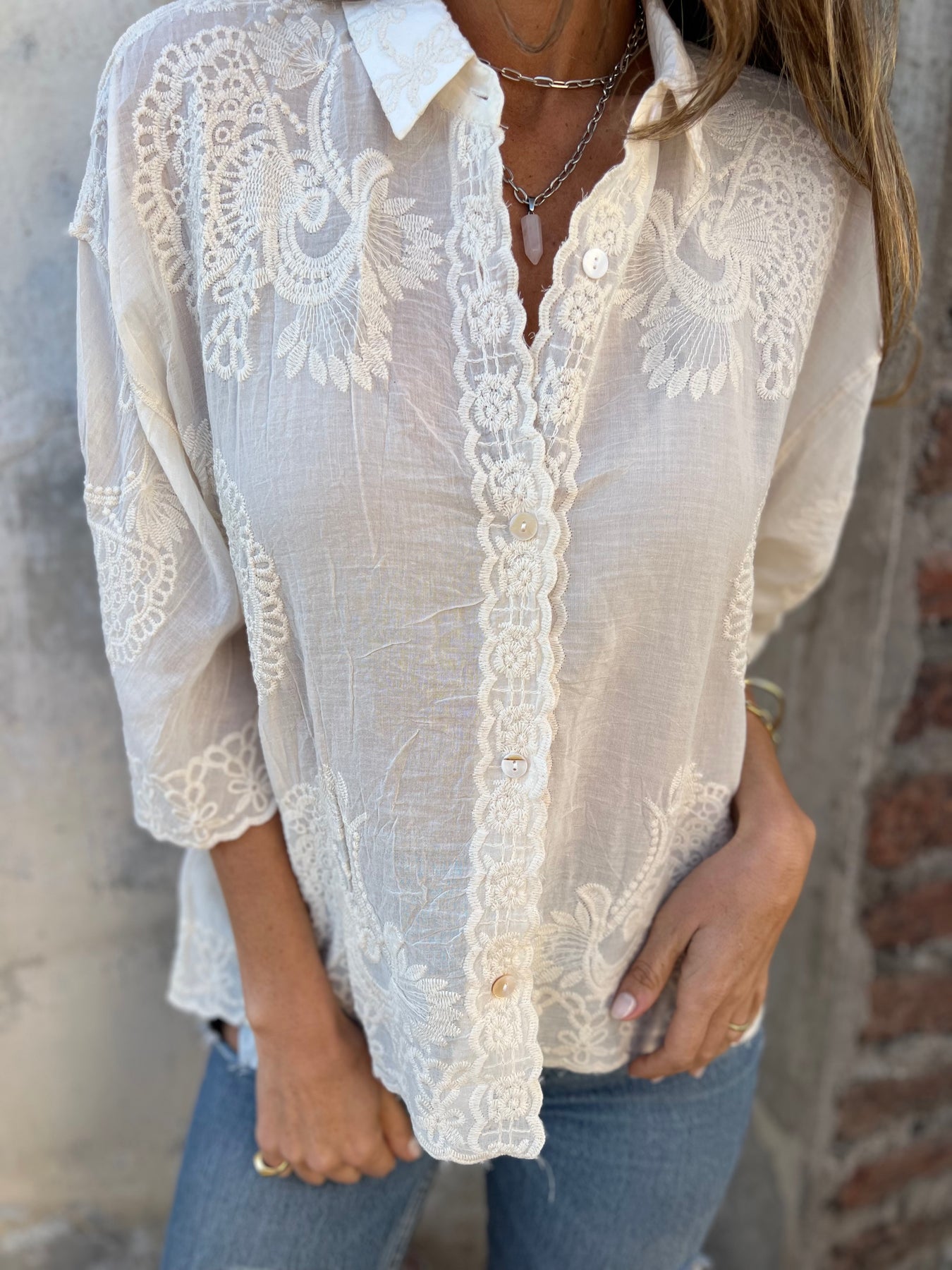 Women's Lapel Mid-sleeve Embroidered Cotton and Linen Top apricot