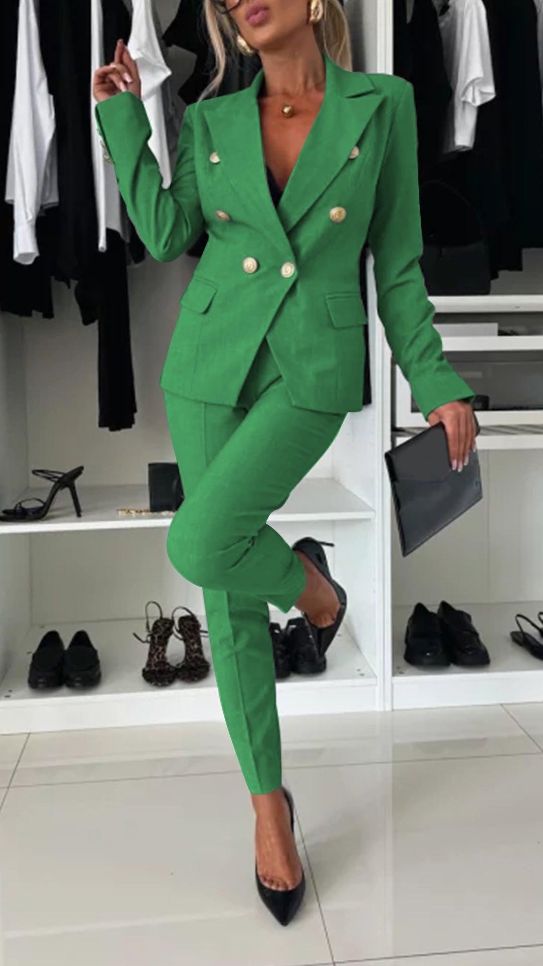 Women's Lapel Long Sleeve Elegant Suit green