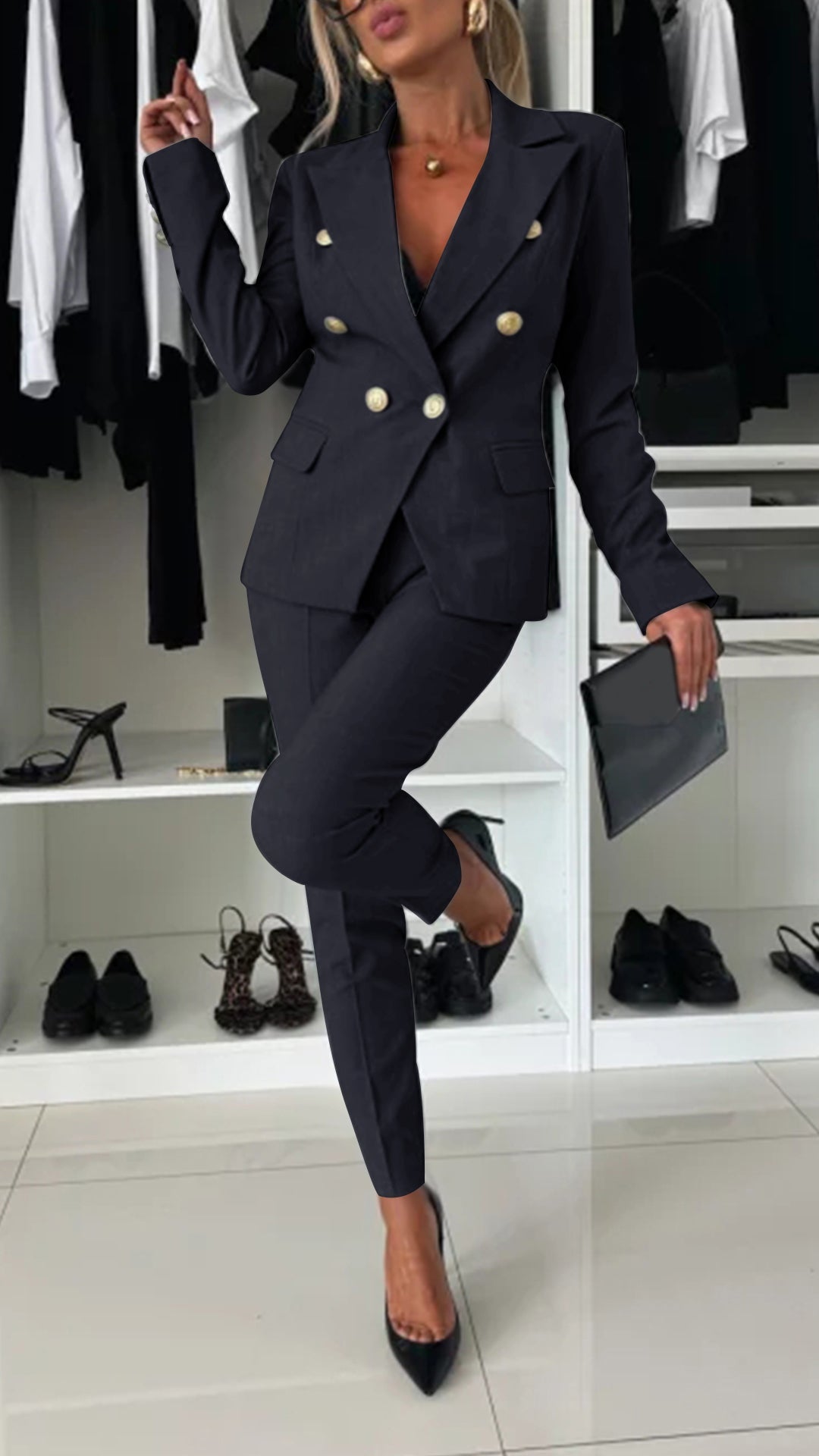 Women's Lapel Long Sleeve Elegant Suit black