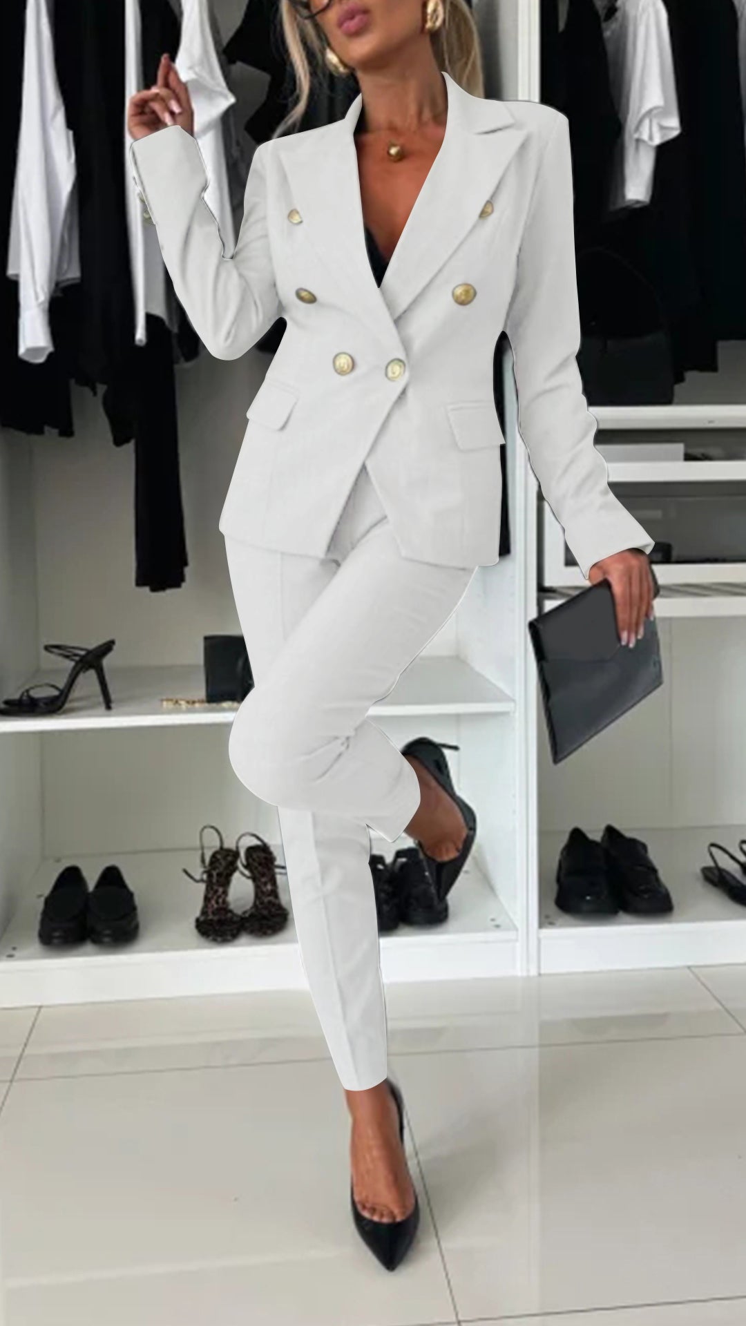 Women's Lapel Long Sleeve Elegant Suit white