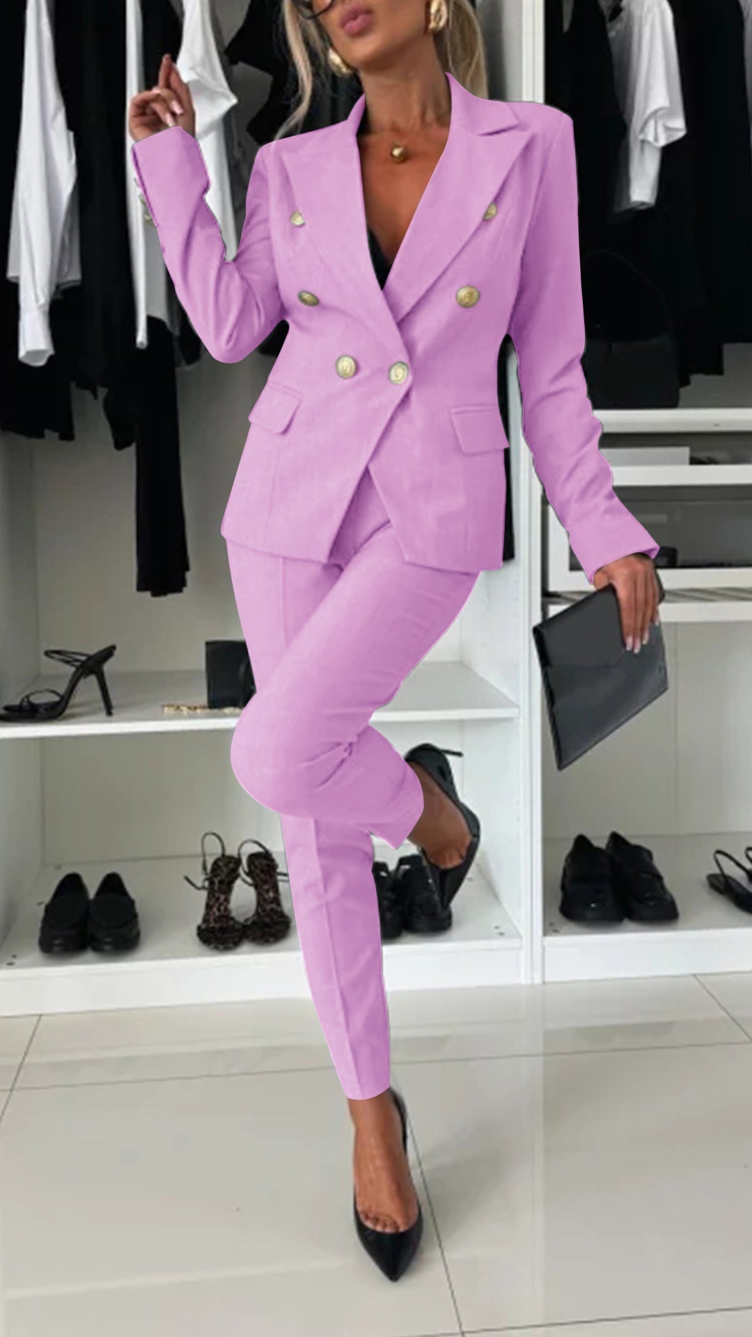 Women's Lapel Long Sleeve Elegant Suit pink