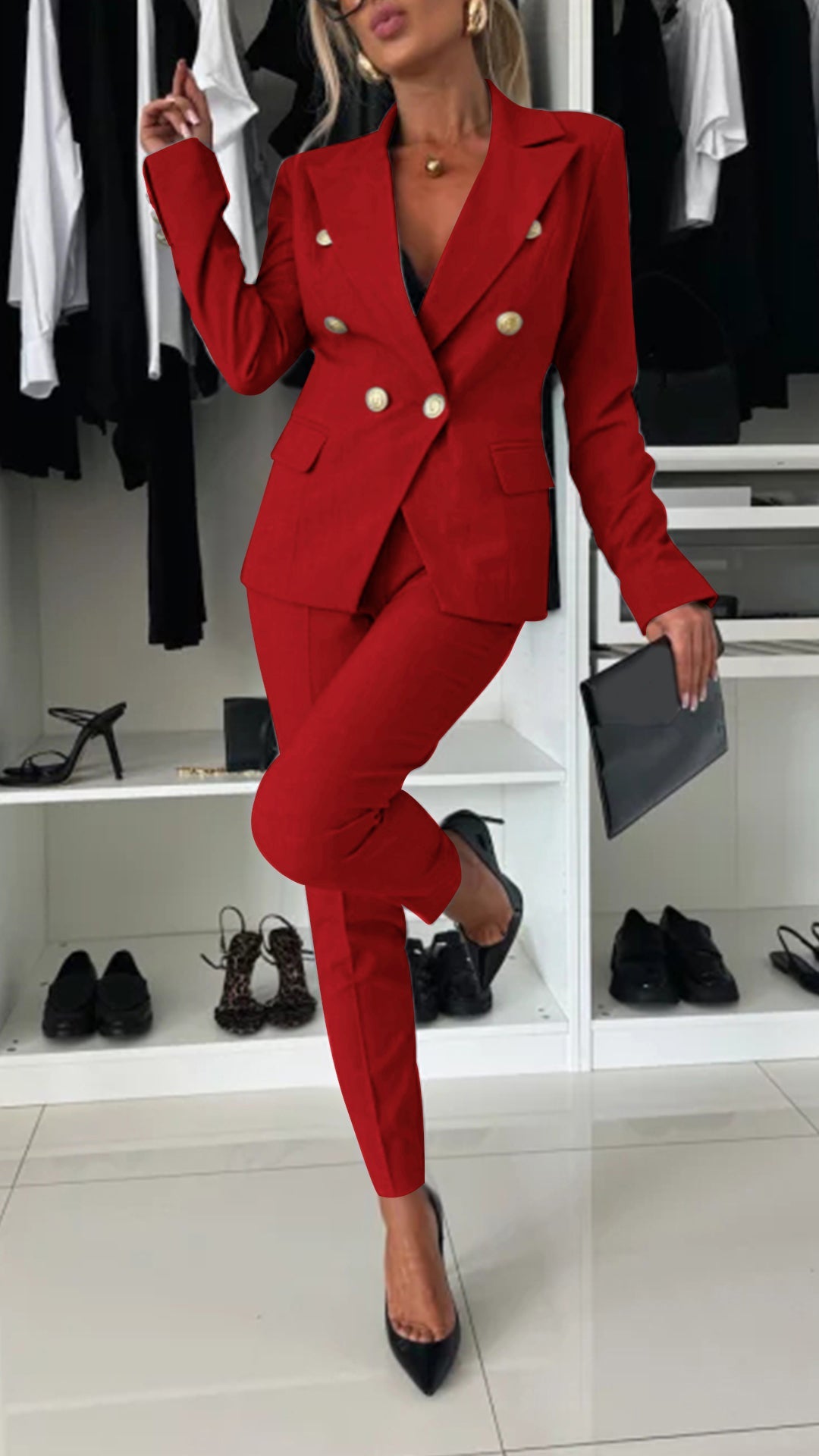 Women's Lapel Long Sleeve Elegant Suit red