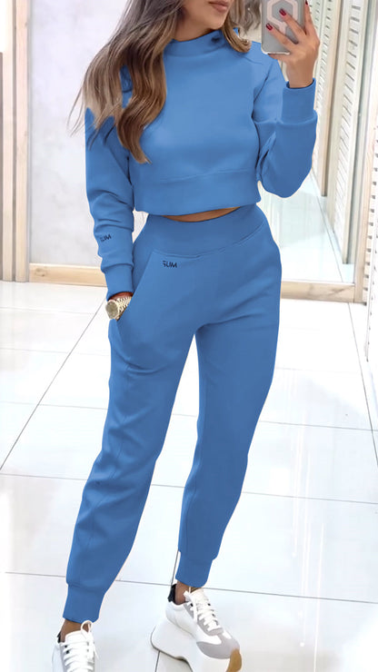 Women's High Collar Long Sleeve Autumn and Winter Casual Sweater Suit blue