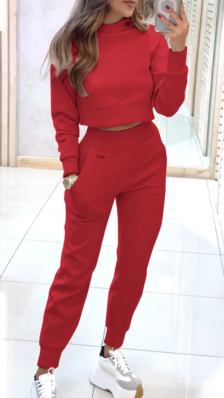 Women's High Collar Long Sleeve Autumn and Winter Casual Sweater Suit red