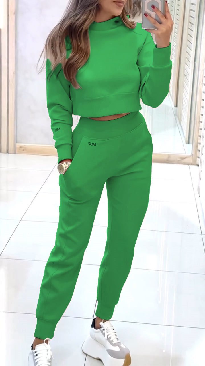 Women's High Collar Long Sleeve Autumn and Winter Casual Sweater Suit green