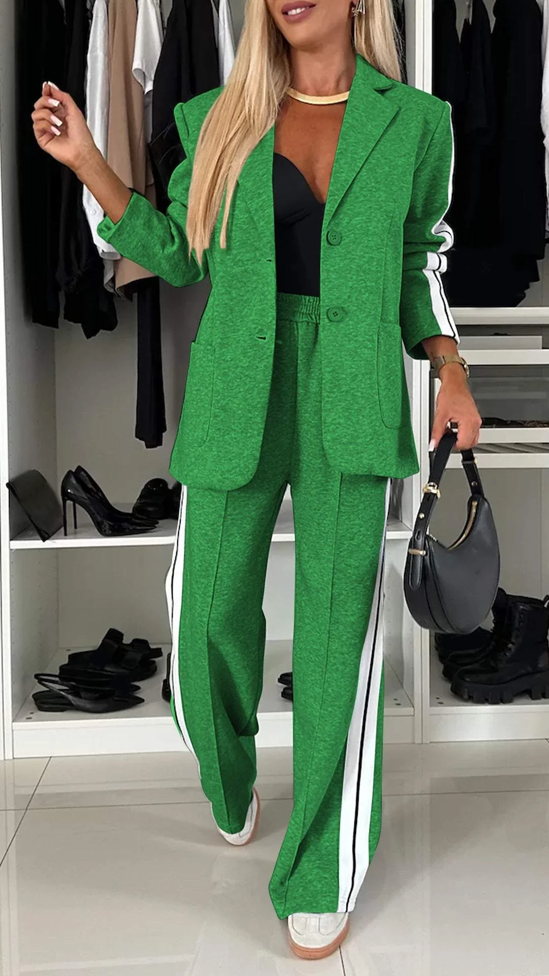 Women's Lapel Long Sleeve Casual Suit green