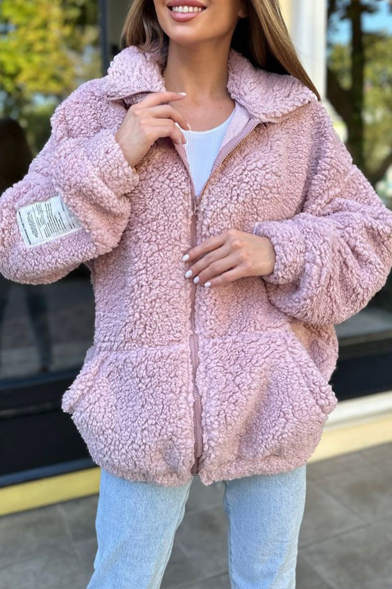 Women's Casual Solid Color Lambswool Coat pink