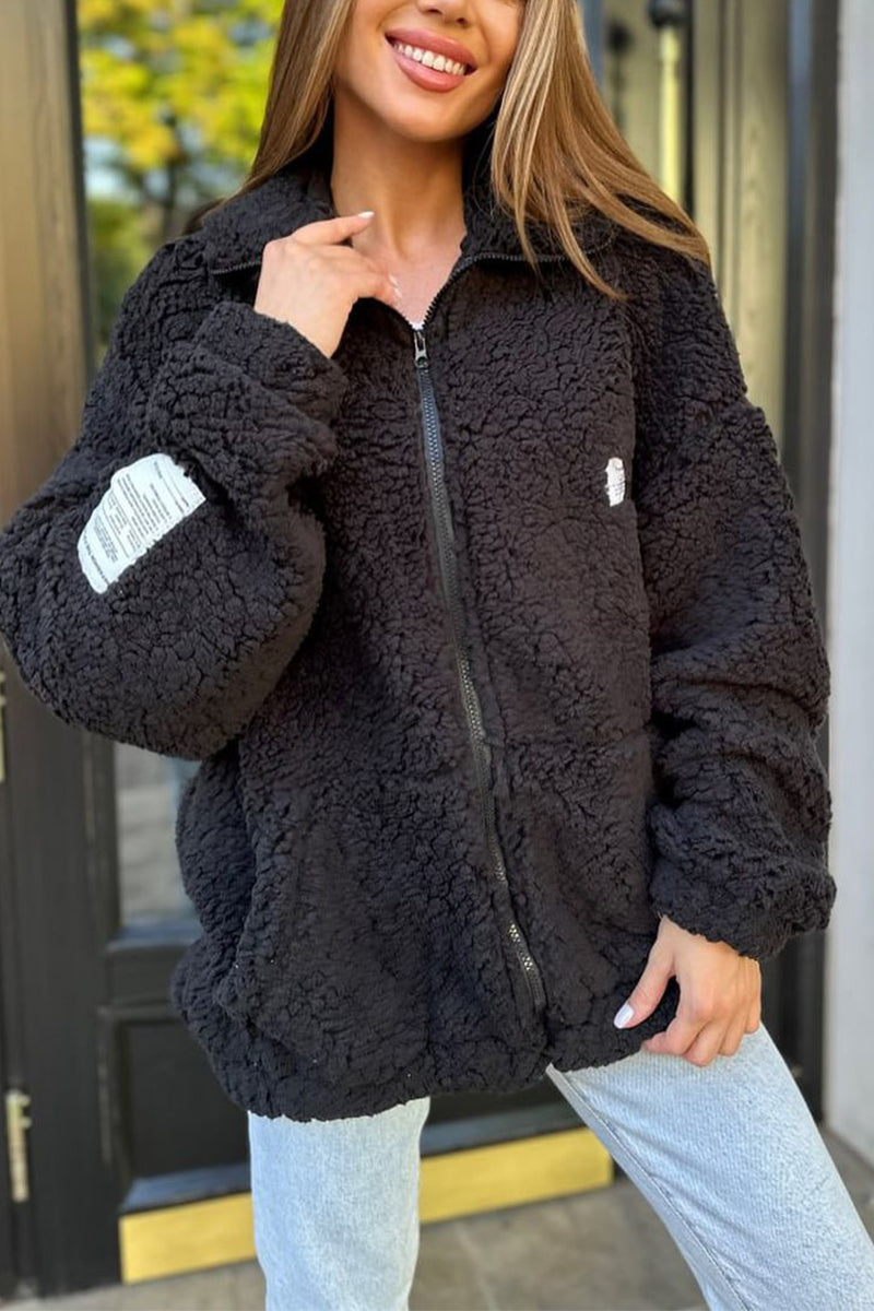 Women's Casual Solid Color Lambswool Coat black