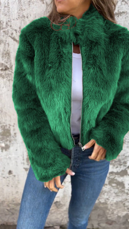 Women's High Collar Fur Zipper Casual Jacket green