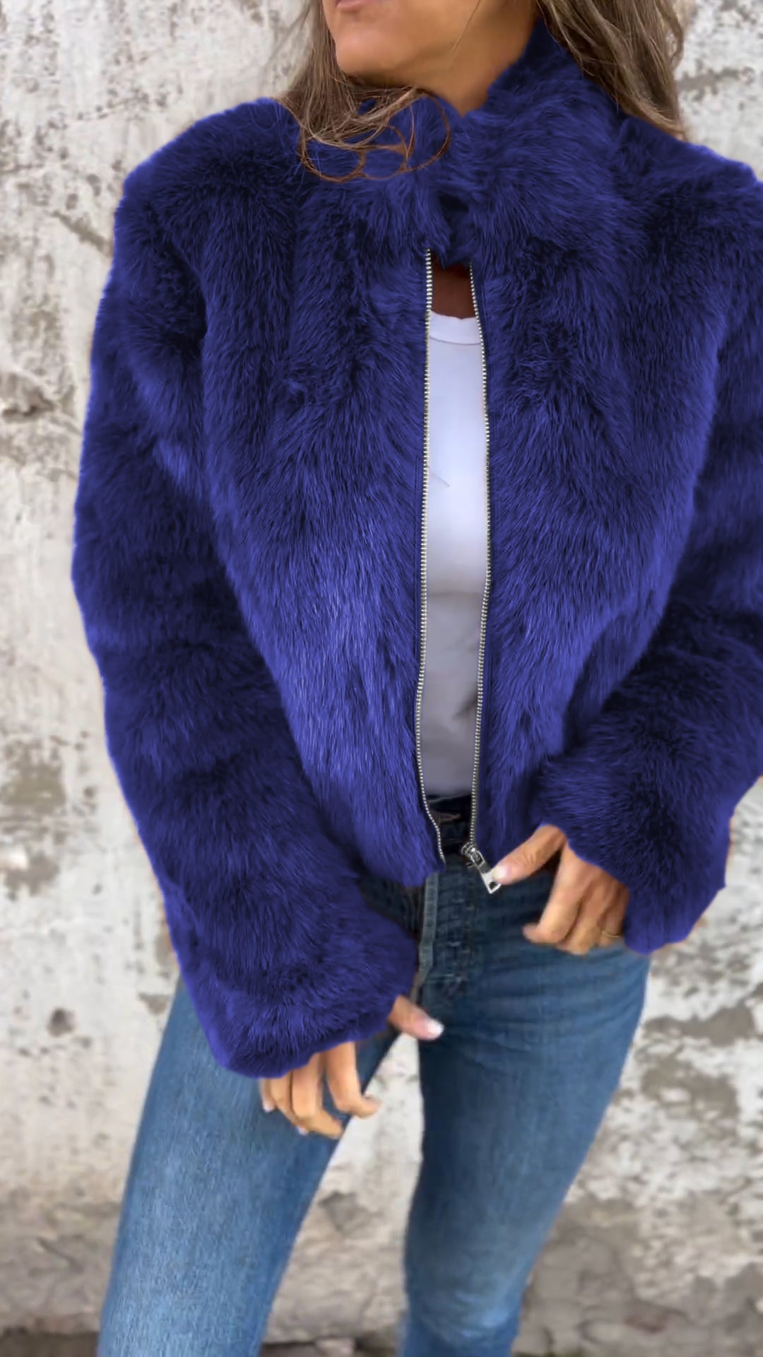 Women's High Collar Fur Zipper Casual Jacket blue