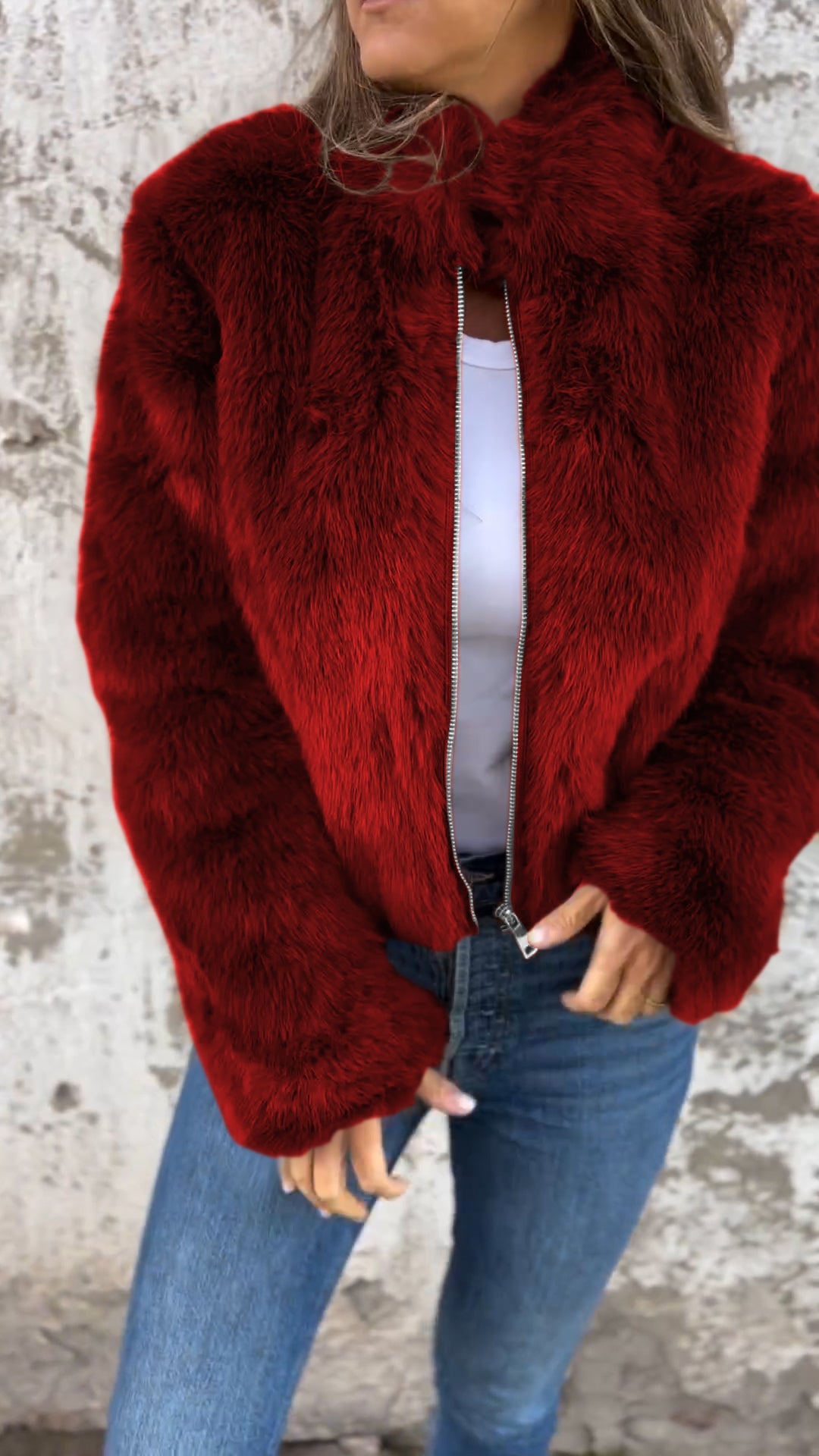 Women's High Collar Fur Zipper Casual Jacket red