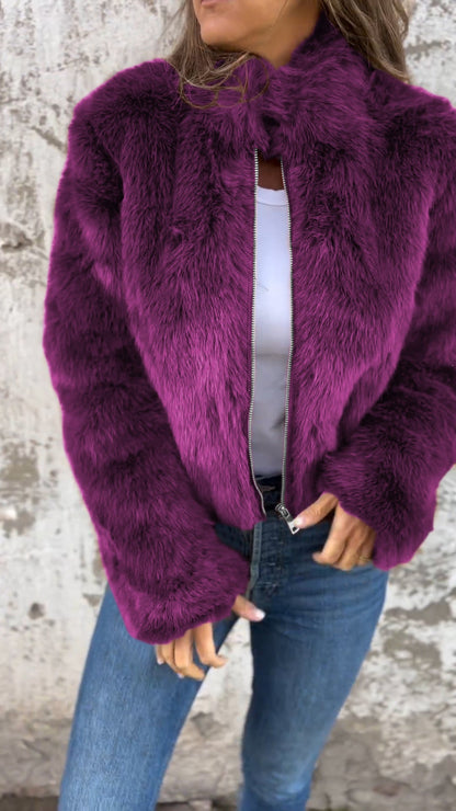 Women's High Collar Fur Zipper Casual Jacket purple