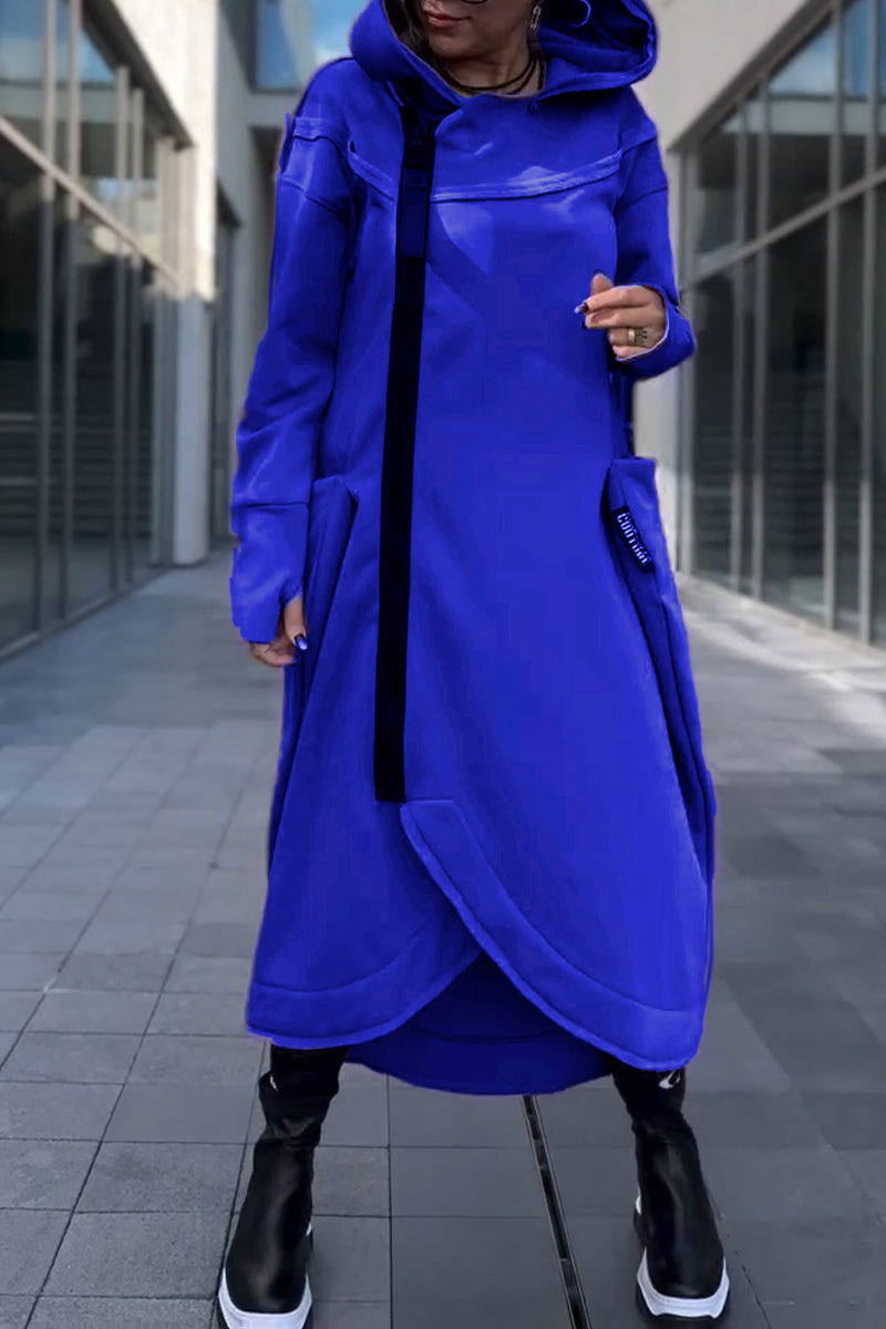 Women's Hooded Long-sleeved Casual Fashion Sweater Dress blue