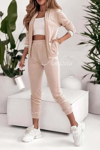 Women's Spring and Fall Multi-colored Zip-up Casual Sportswear Suit apricot S(US 6-8)