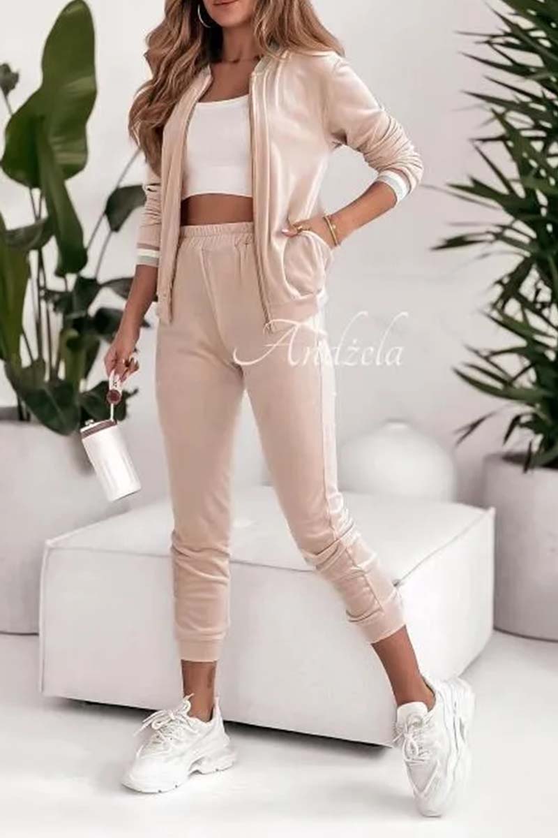 Women's Spring and Fall Multi-colored Zip-up Casual Sportswear Suit apricot 2XL(US 16)