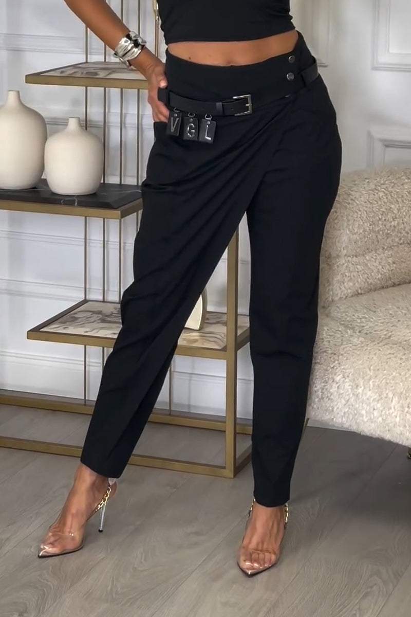 Women's Irregular Design Casual Trousers black belt+pants