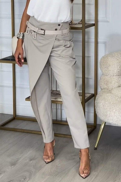 Women's Irregular Design Casual Trousers apricot belt+pants