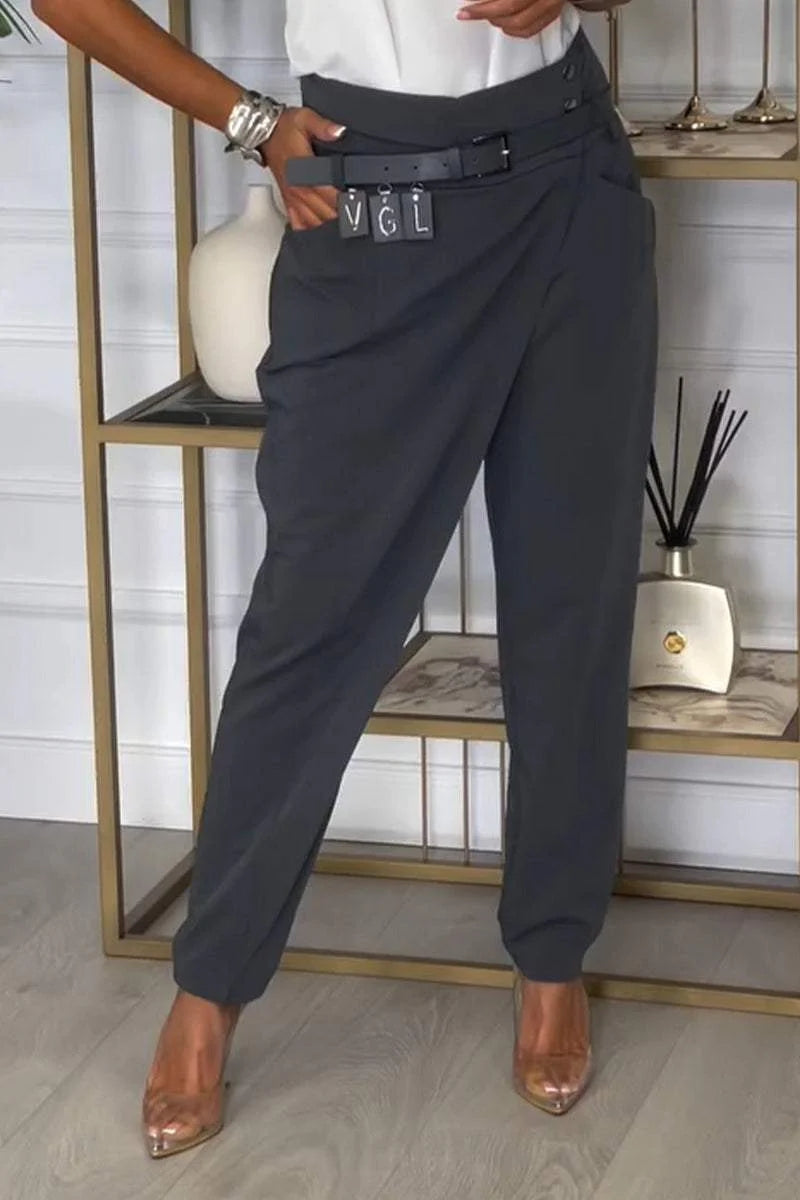 Women's Irregular Design Casual Trousers gray belt+pants