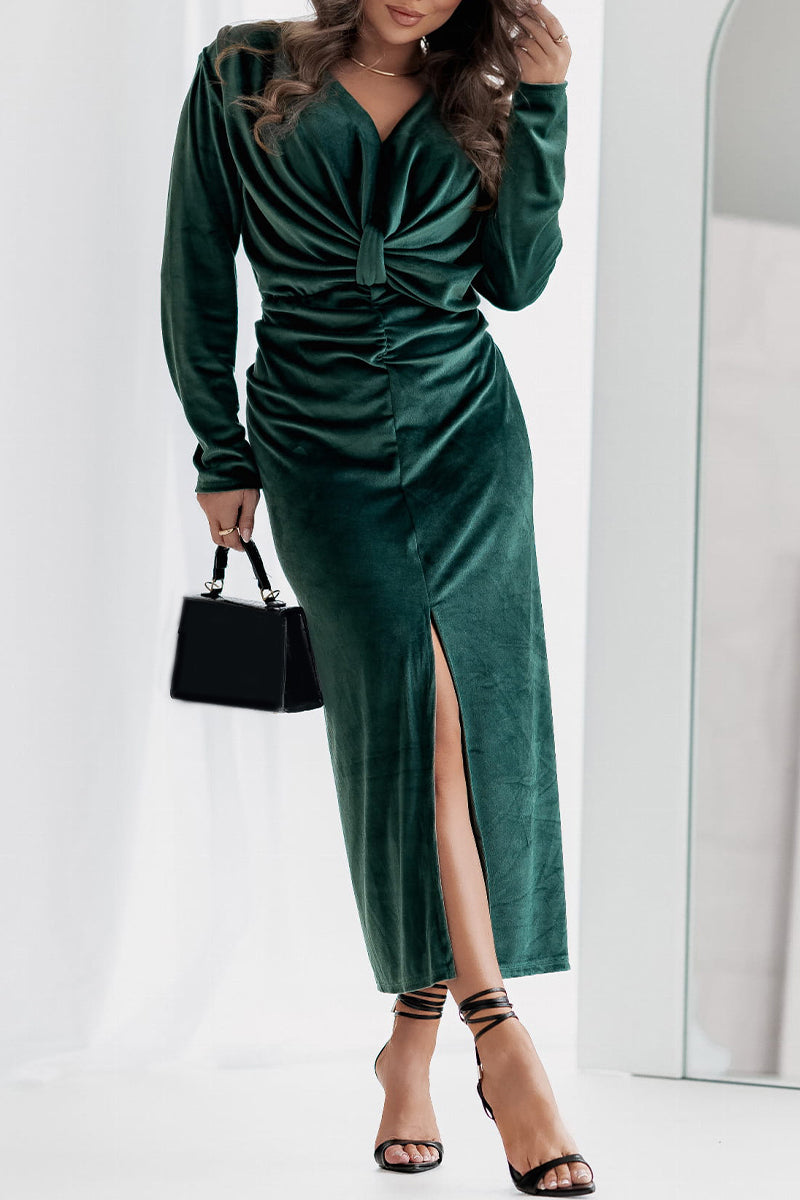 Women's V-neck Long-sleeved Autumn and Winter Elegant Dress green