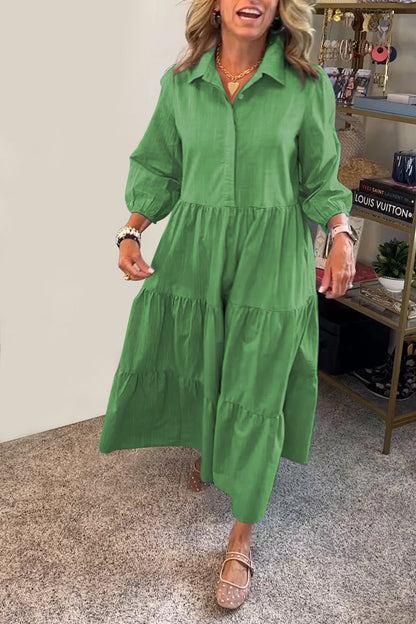 Women's Casual Lapel Half Button Dress green