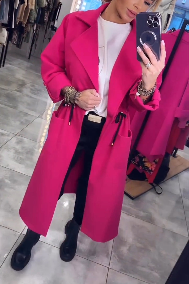 Women's Casual Lapel Long Trench Coat rose red